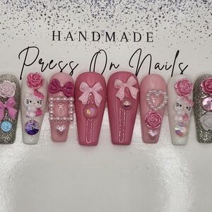 Handmade Pink and White Press On Nails Size Medium